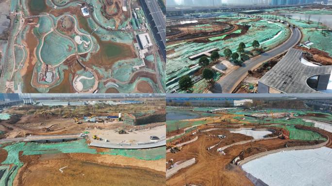 航拍建设中的南京江北新区新化湿地公园