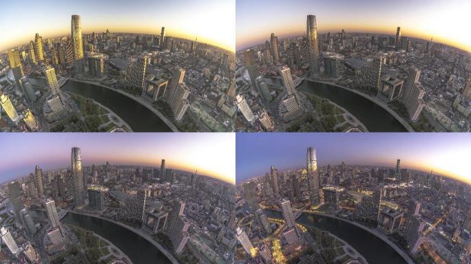 天津海河沿岸高楼日转夜延时摄影