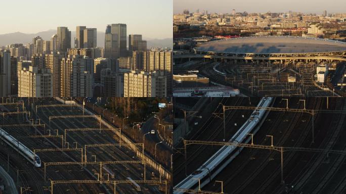 北京冬天城市清晨都市繁华夕阳俯拍高铁出站