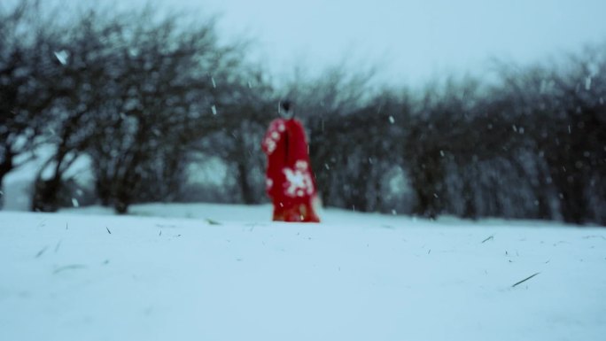 古代女子雪地行走背影