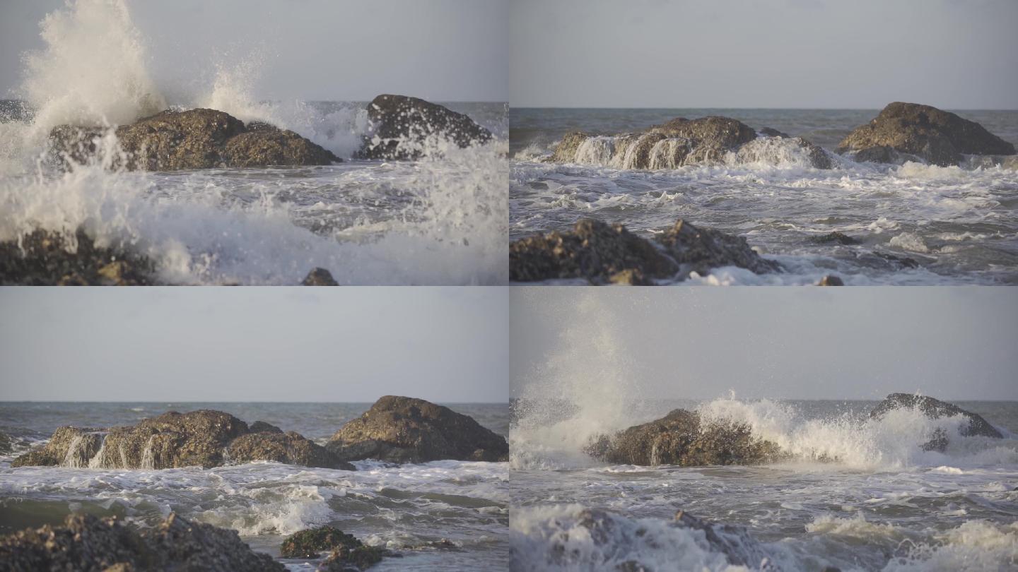 升格拍摄大海近海海浪浪花礁盘【灰片】