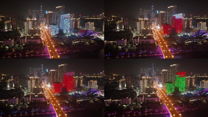 柳州龙城路车流交通夜景建筑航拍