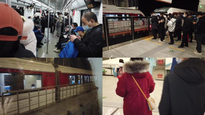 北京地铁人流上班下班夜晚乘车回家疲惫打工