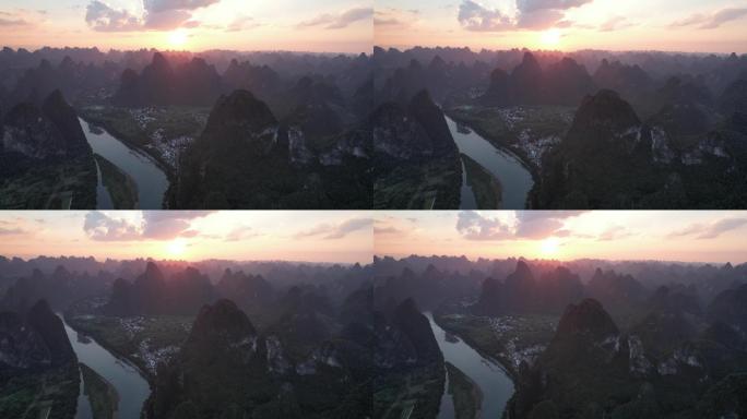 桂林山景夕阳日落航拍