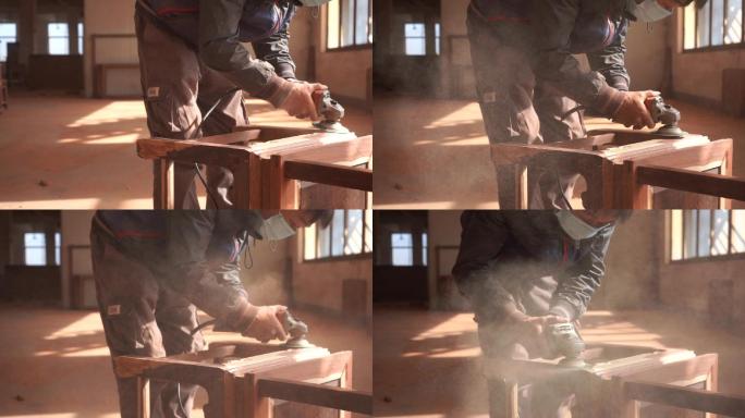 红木家具打磨工艺细节升格镜头