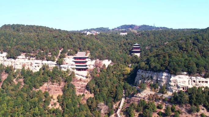 航拍山西太原天龙山石窟全景