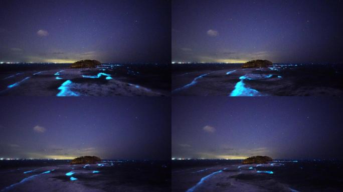 山东威海高区小石岛的荧光海浪与星空