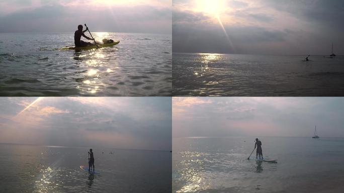 海边夕阳日落唯美丁达尔渔民打鱼父子冲浪