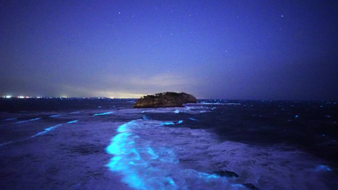 山东威海小石岛的荧光海浪与星空