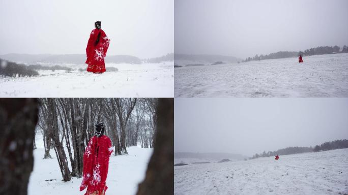 古代女子雪地行走奔跑背影