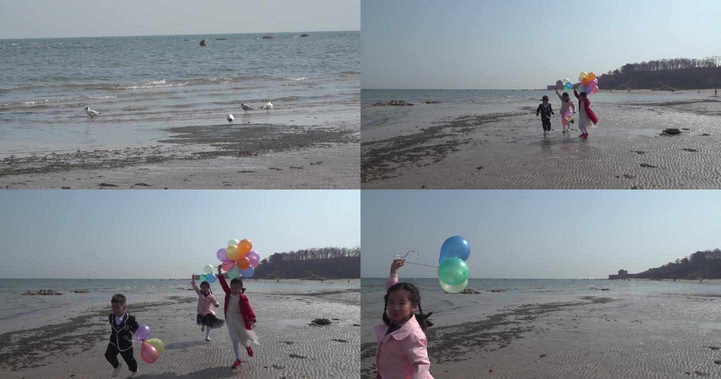 海边奔跑的小孩  气球