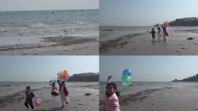 海边奔跑的小孩  气球