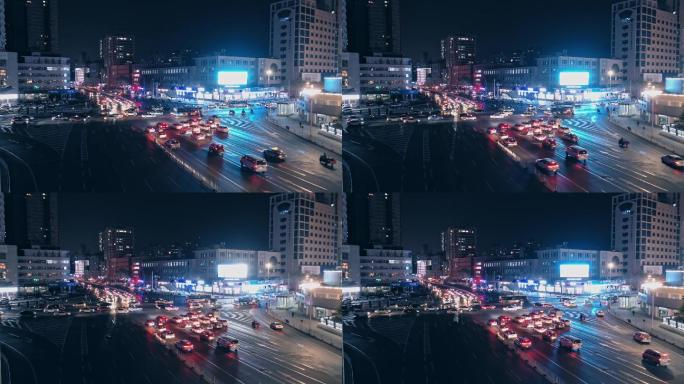 4k城市十字路口夜景航拍