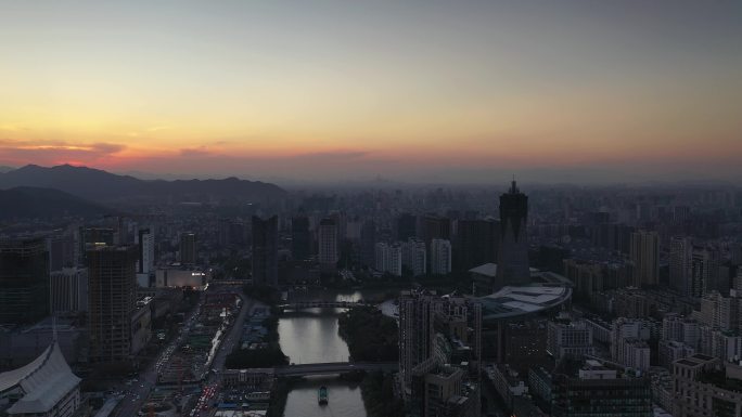 杭州大运河西湖文化广场夕阳航拍