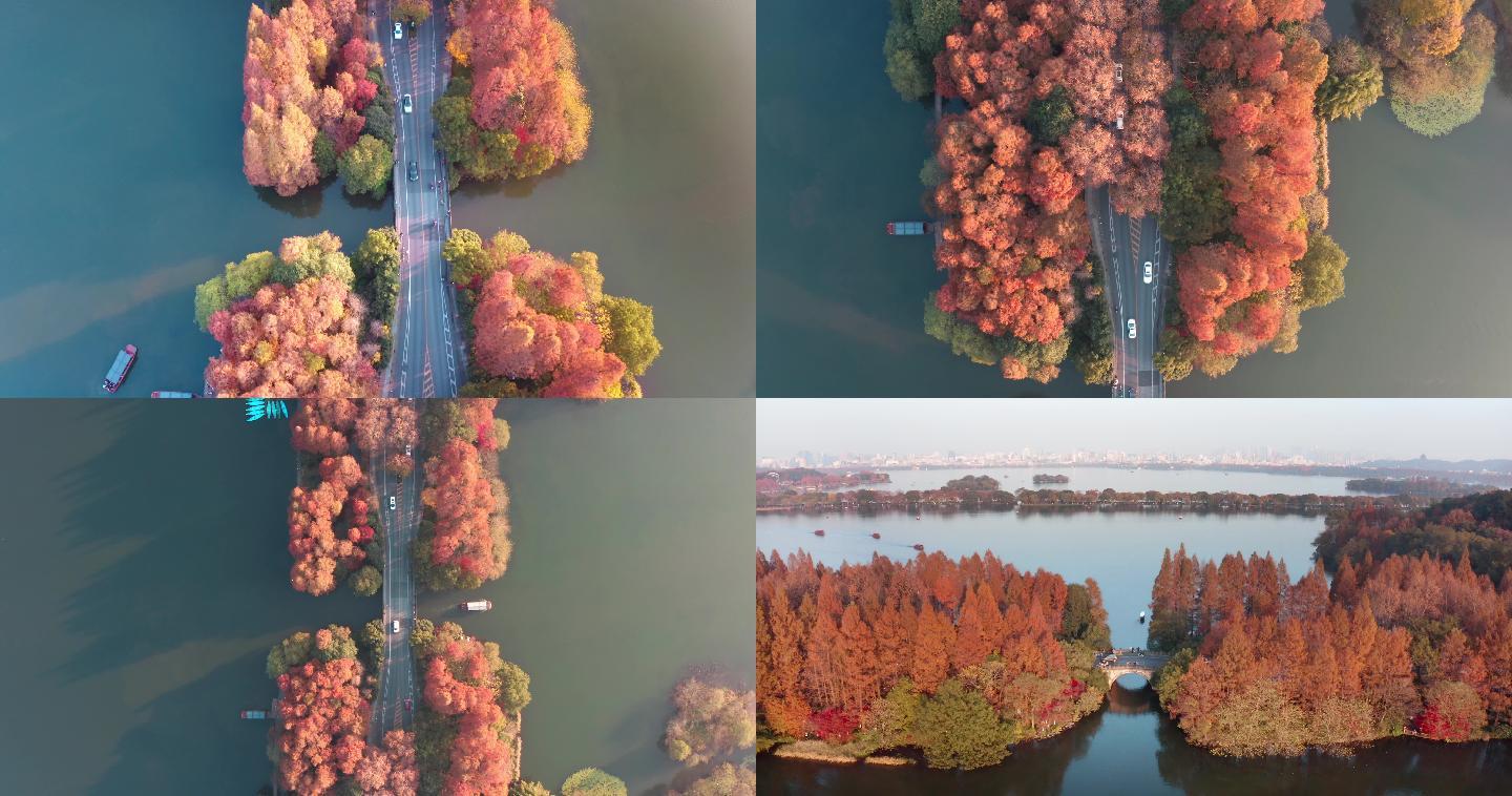 杭州西湖航拍美景秋季渔船杨公堤