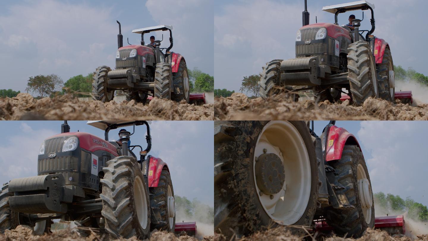 柬埔寨农村拖拉机开垦土地施肥