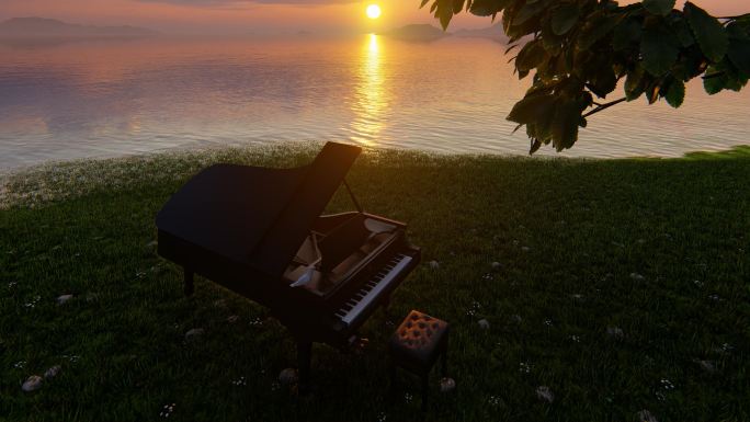 清晨日出湖边钢琴