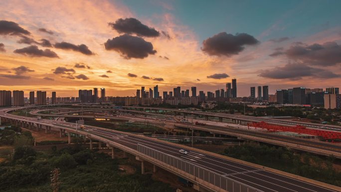 南京高架桥城市火烧云日转夜延时