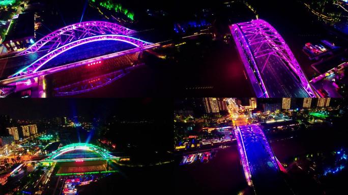 自贡网红桥夜景游船通过航拍