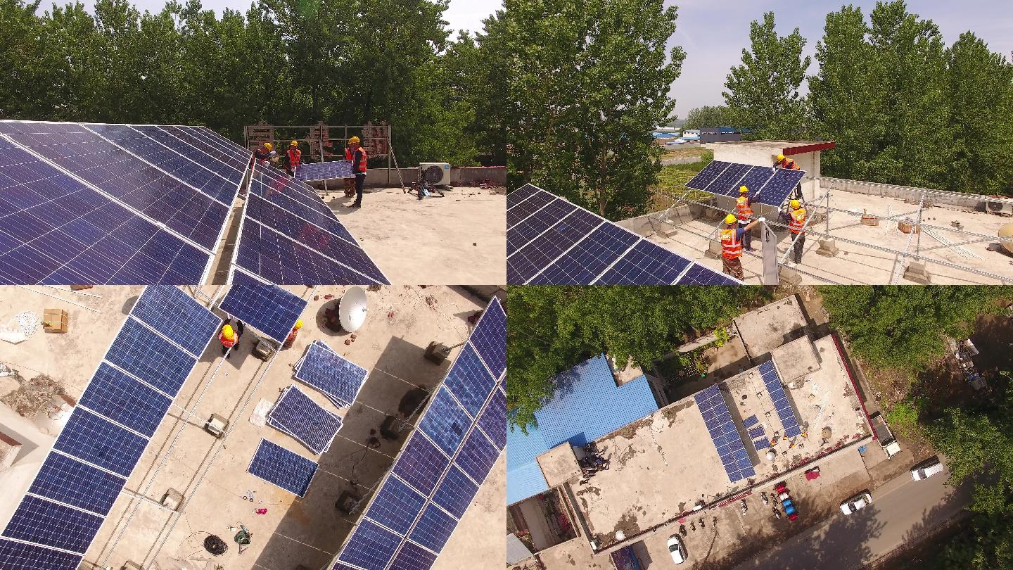 太阳能面板架设居民楼屋顶绿色环保再生能源