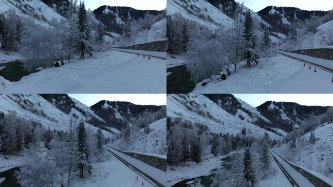 雪山风景大雪汽车行驶雪山圣诞树