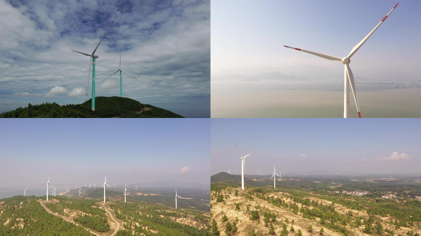 风电风机组风力发电大风车4K航拍