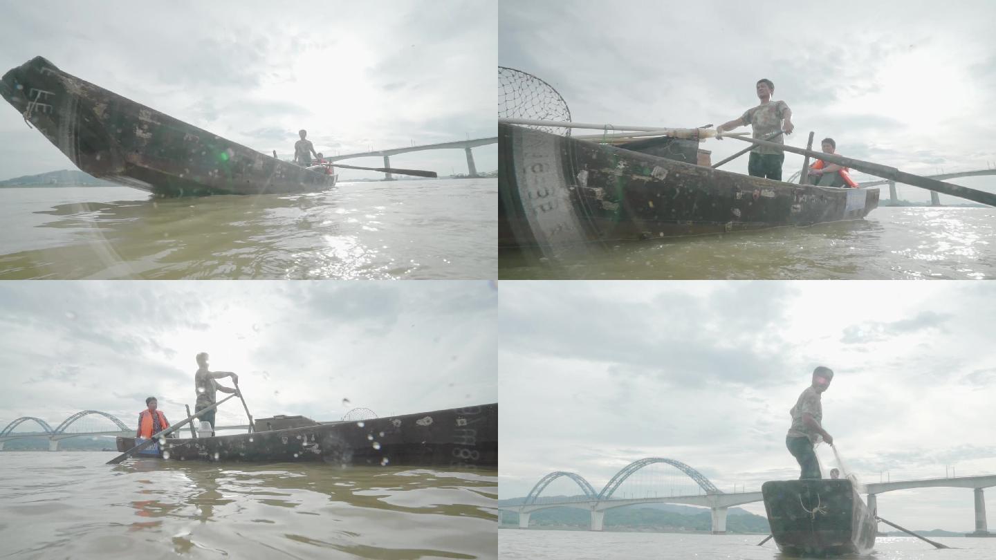 渔船撒网捕鱼网鱼长江禁渔传统捕捞孤舟划船