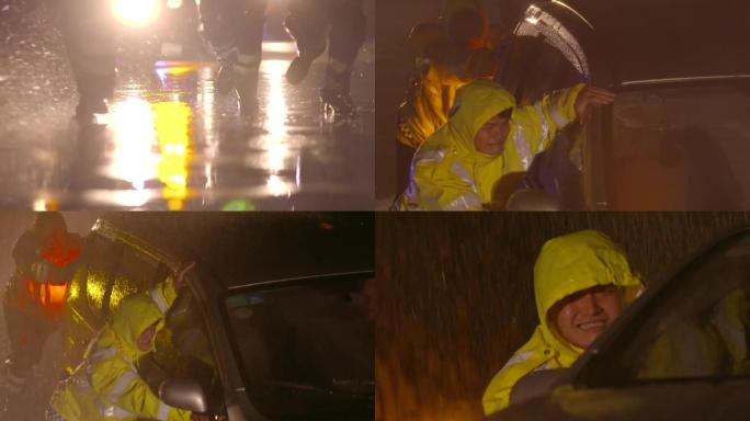 高速路政人员冒雨推车抢救生命高速执法路政