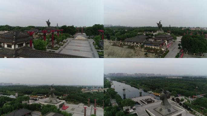 西安汉城湖汉武帝雕像航拍4K汉城湖门头