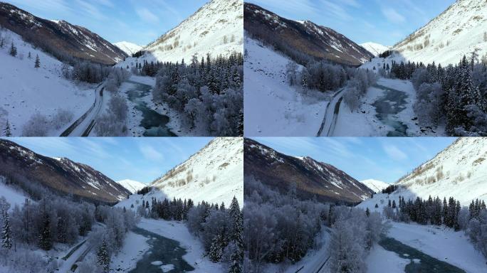 雪山风景大雪汽车行驶雪山圣诞树