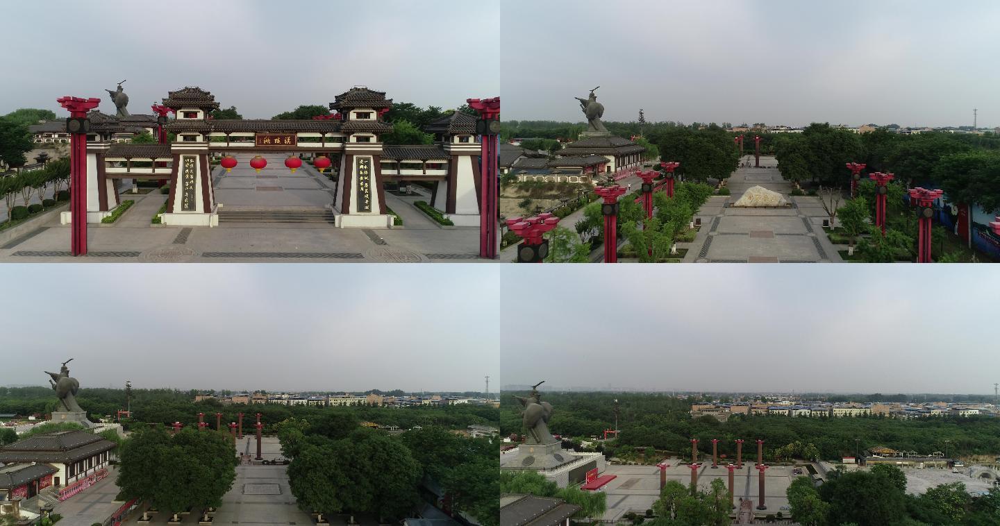西安汉城湖汉武帝雕像航拍4K汉城湖门头