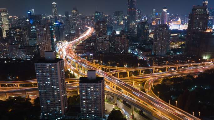 上海延安路高架车流航拍延时摄影