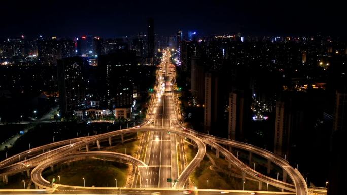 城市快速高架路航拍夜景延时