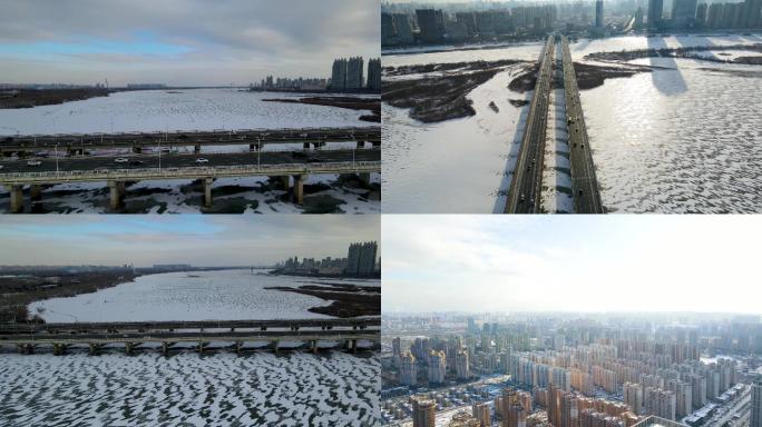 哈尔滨航拍松花江公路大桥车流冬季冰上