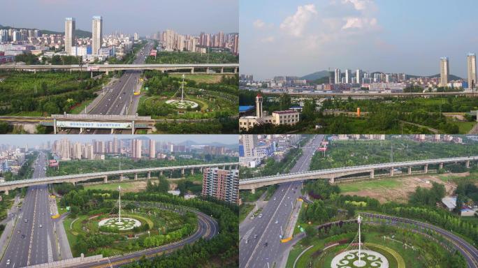 航拍枣庄高速路入口园林城市建设成就