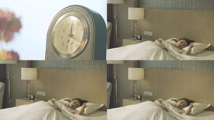 老式时钟、美女睡觉、早晨、清晨窗帘、酒店