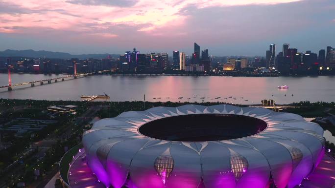 杭州亚运会主会场 大莲花 夜景航拍