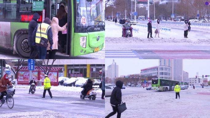 人们雪后出行走路开车公交车