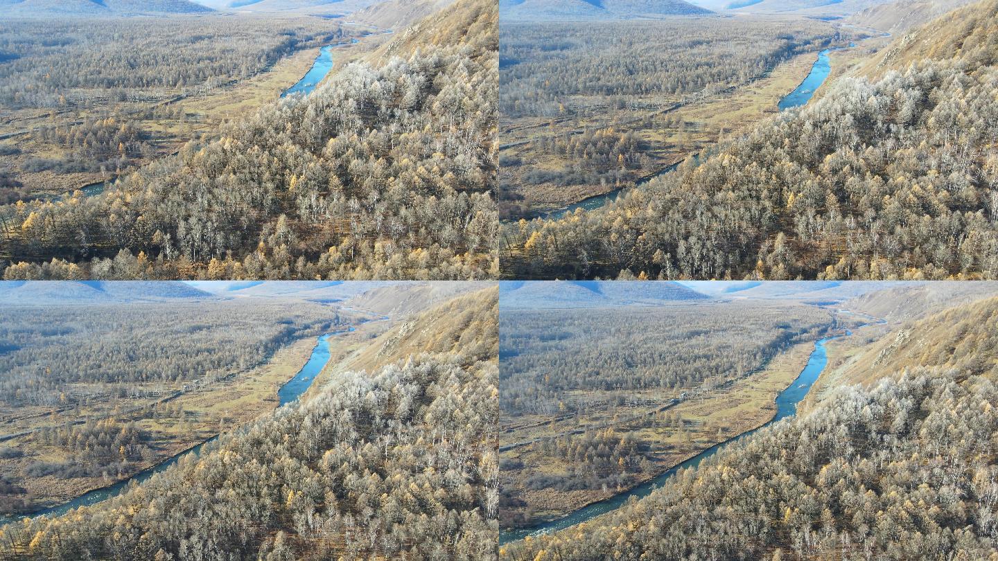 航拍深秋内蒙古阿尔山的蓝色河流