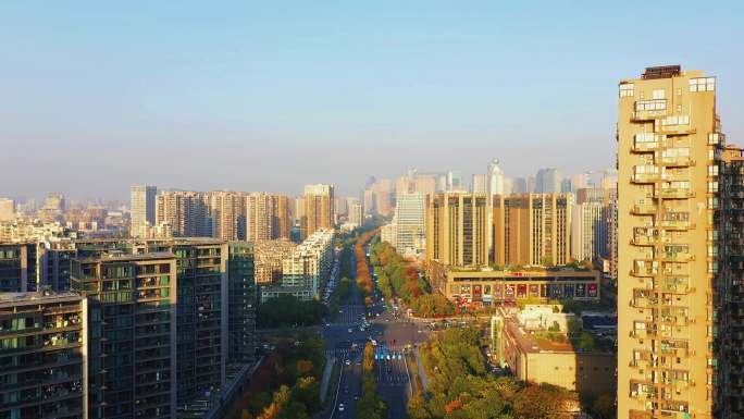 航拍秋季的杭州城市道路富春路4K