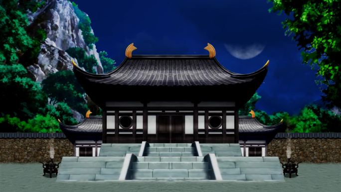 卡通寺庙道观古建房子-夜晚