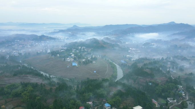 航拍冬天农村早晨