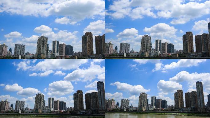 绵阳涪江城市建筑蓝天流云云朵变焦延时4K