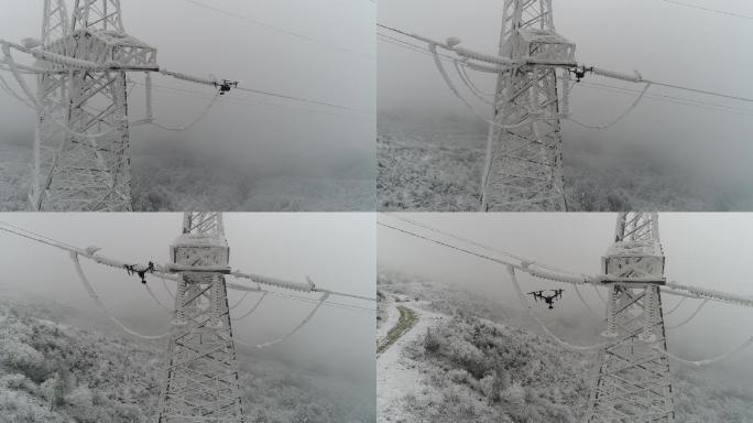 航拍雪山雪景  无人机 巡线 电网