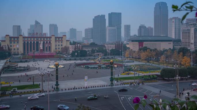 成都市中心天府广场夜景延时摄影4K