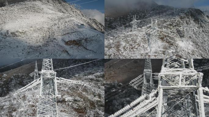 航拍 雪景  电线 电网