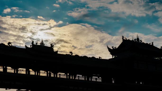 4k风雨廊桥夕阳剪影延时