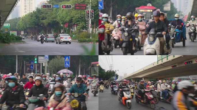 电动车大军行人过马路十字路口斑马线市生活