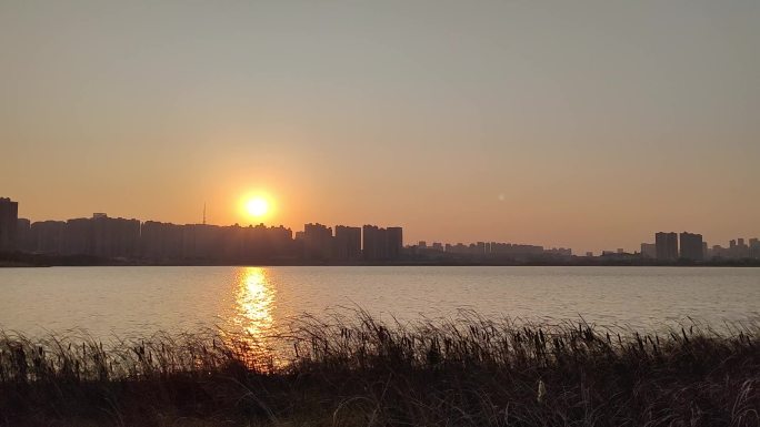 湖边夕阳城市天际线
