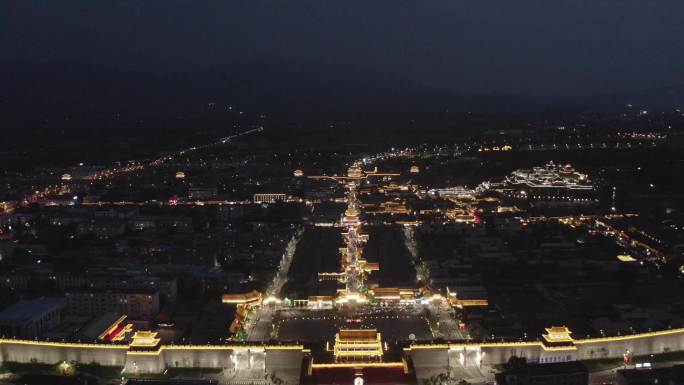 忻州古城夜景城楼近景及超远景航拍